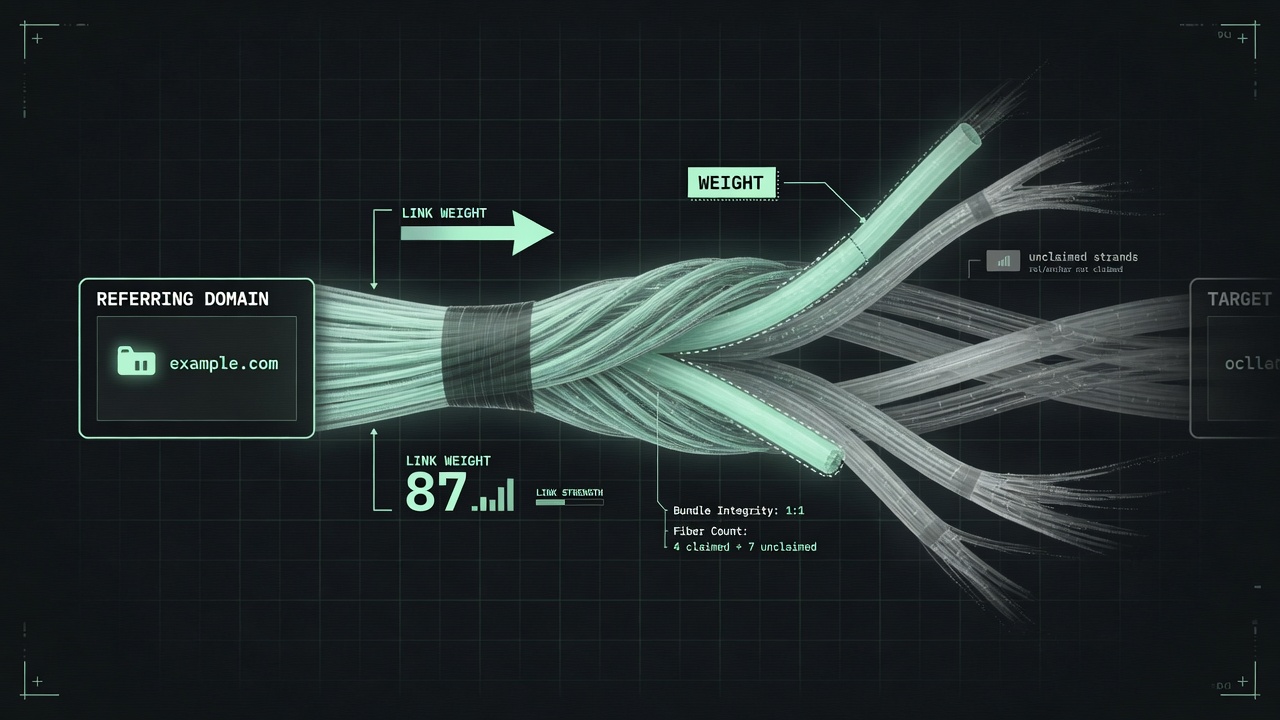 A single backlink drawn as a bundle of fibers: referring domain lit, rel and anchor faded
