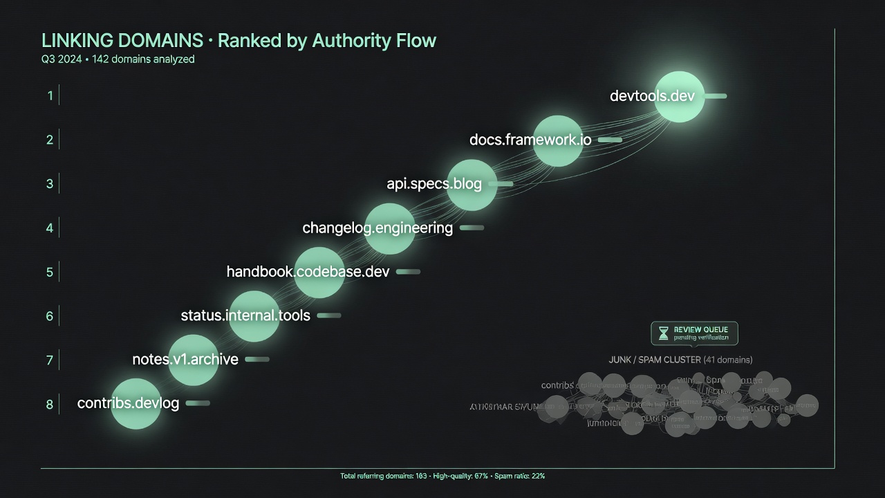 Review-queue view of a link graph: junk linker nodes dimmed, high-trust nodes still lit