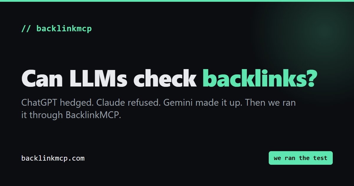 ChatGPT, Claude and Gemini tested on the same stripe.com backlink question versus the BacklinkMCP live engine